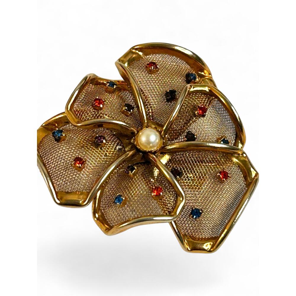 Vintage Gold Tone Mesh Floral Colorful Rhinestone Accents Brooch